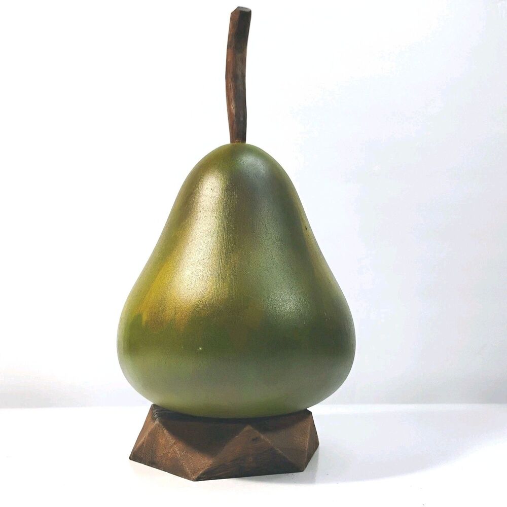 Vtg Hand carved & Painted Pear Wooden Green Fruit W Geometric Base Coaster Set